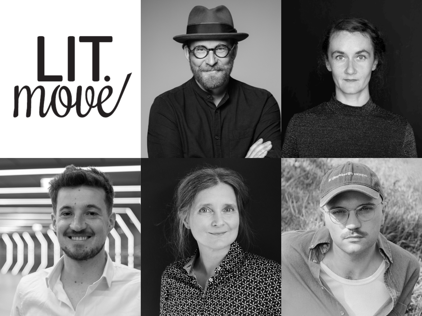 Collage aus dem Lit.MOve Logo und 5 Autor*innen-Porträts