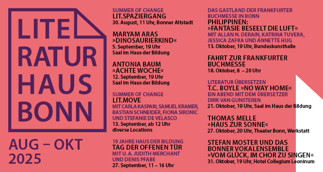Programm-Postkarte August bis Oktober 2025 vom Literaturhaus Bonn Vorderseite.