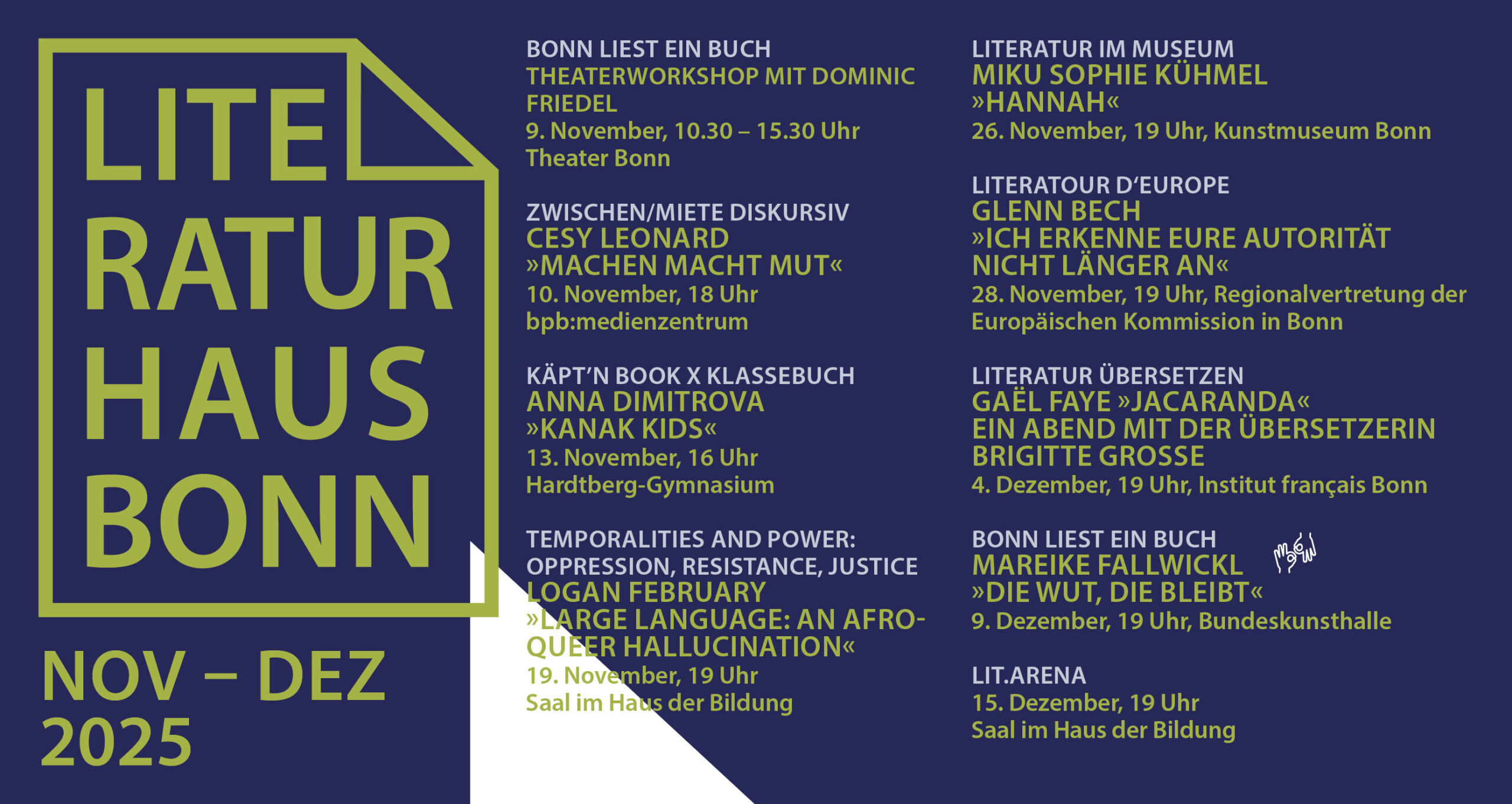 Programm-Postkarte November bis Dezember 2025 vom Literaturhaus Bonn Vorderseite.