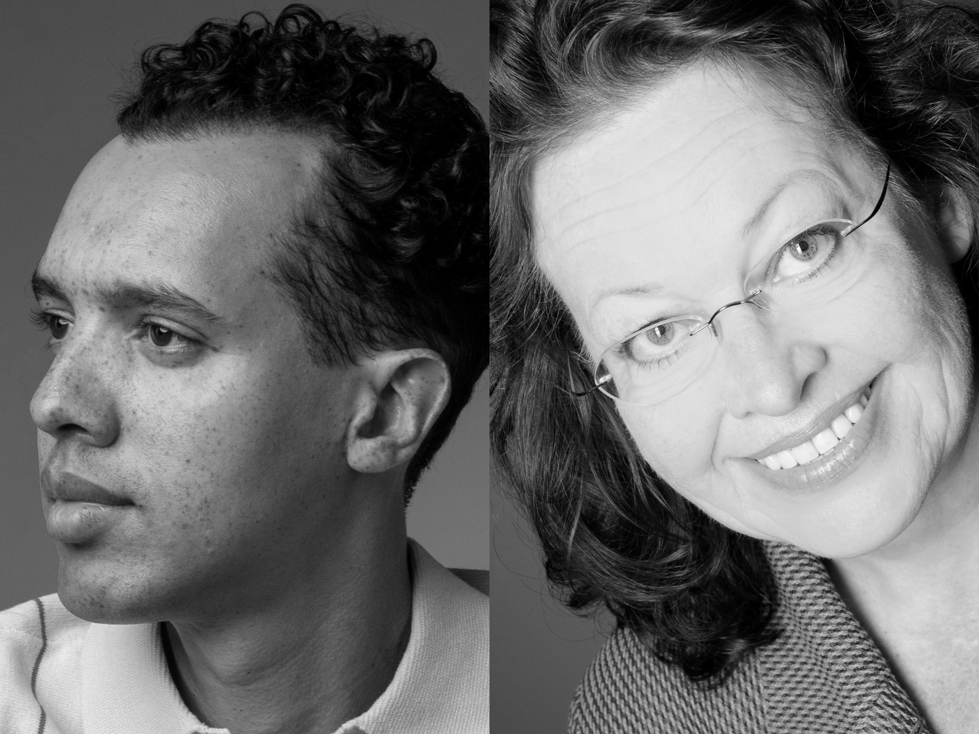 2 Bilder nebeneinander, links: Autorenportrait Gael Faye, rechts: Autorinnenportrait Brigitte Große