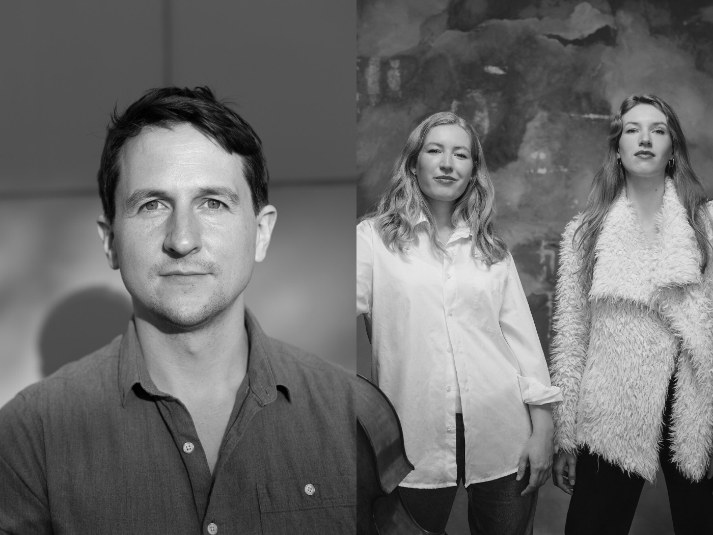 Fotocollage in schwarz/weiß links: Autorenportrait Tilman Strasser rechts: Anouchka und Katharina Hack