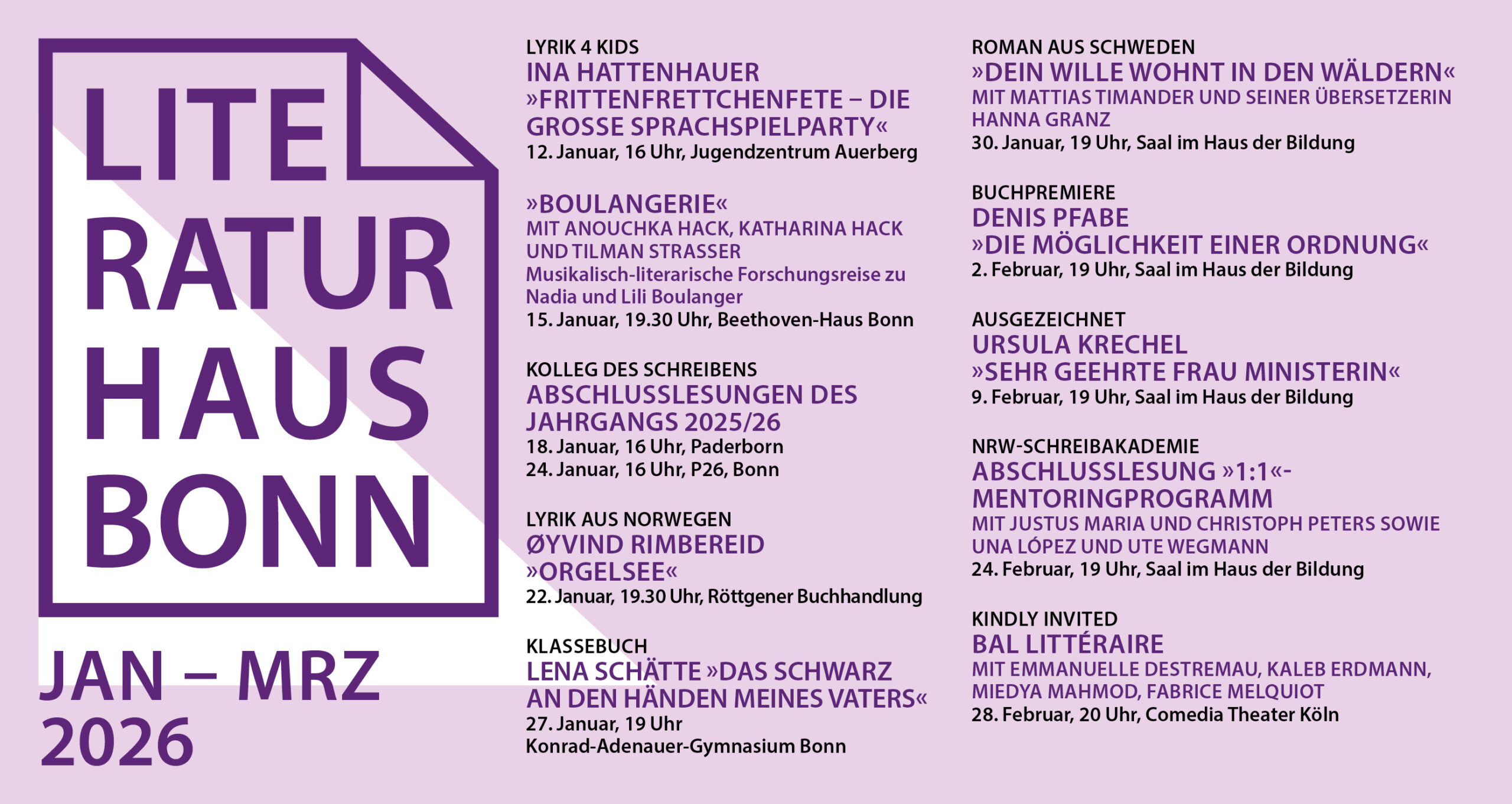 Programm-Postkarte Januar bis März 2026 vom Literaturhaus Bonn Vorderseite.
