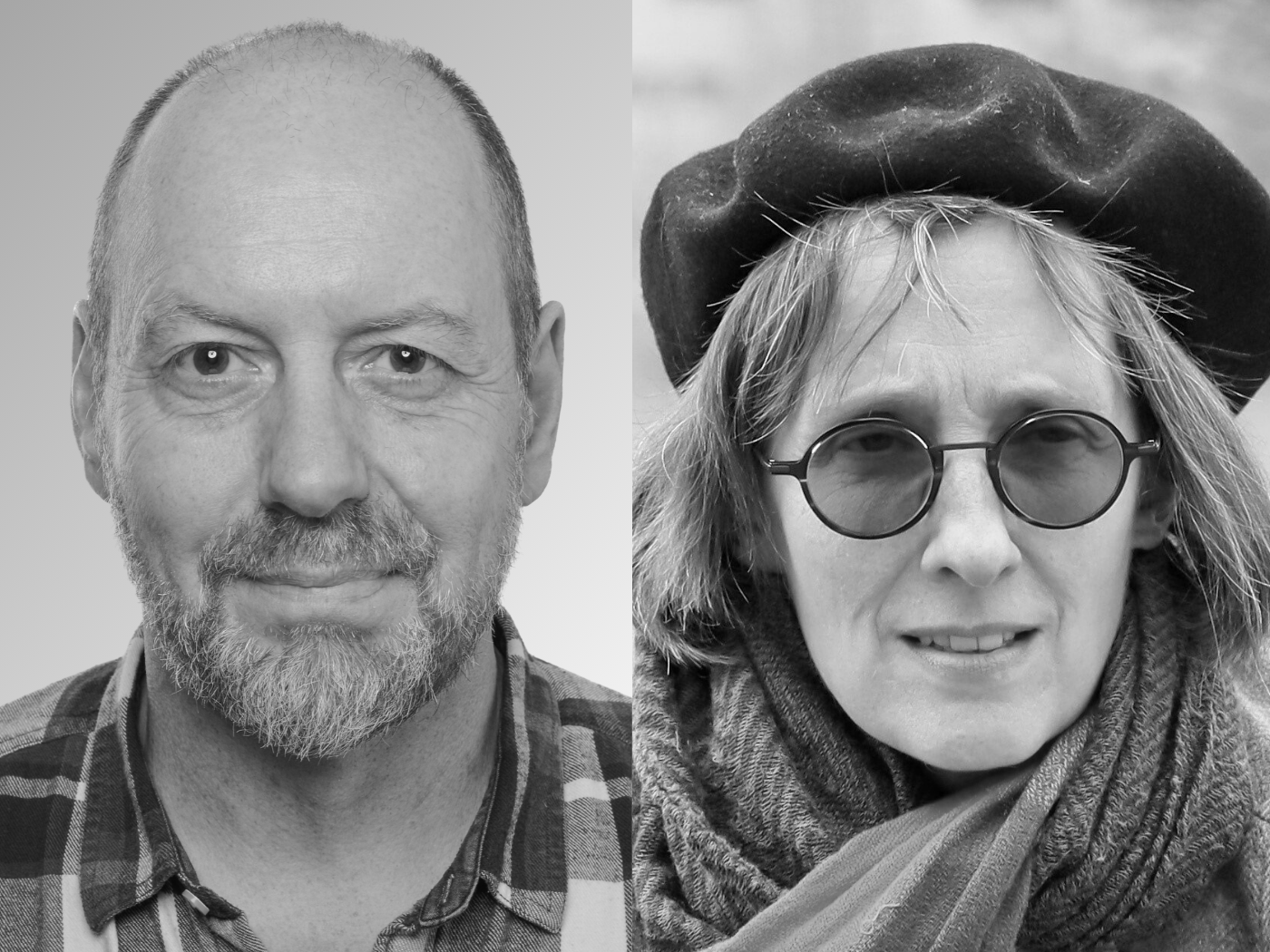 Collage Autor_innen Fotos von A.L. Kennedy und Ingo Herzke