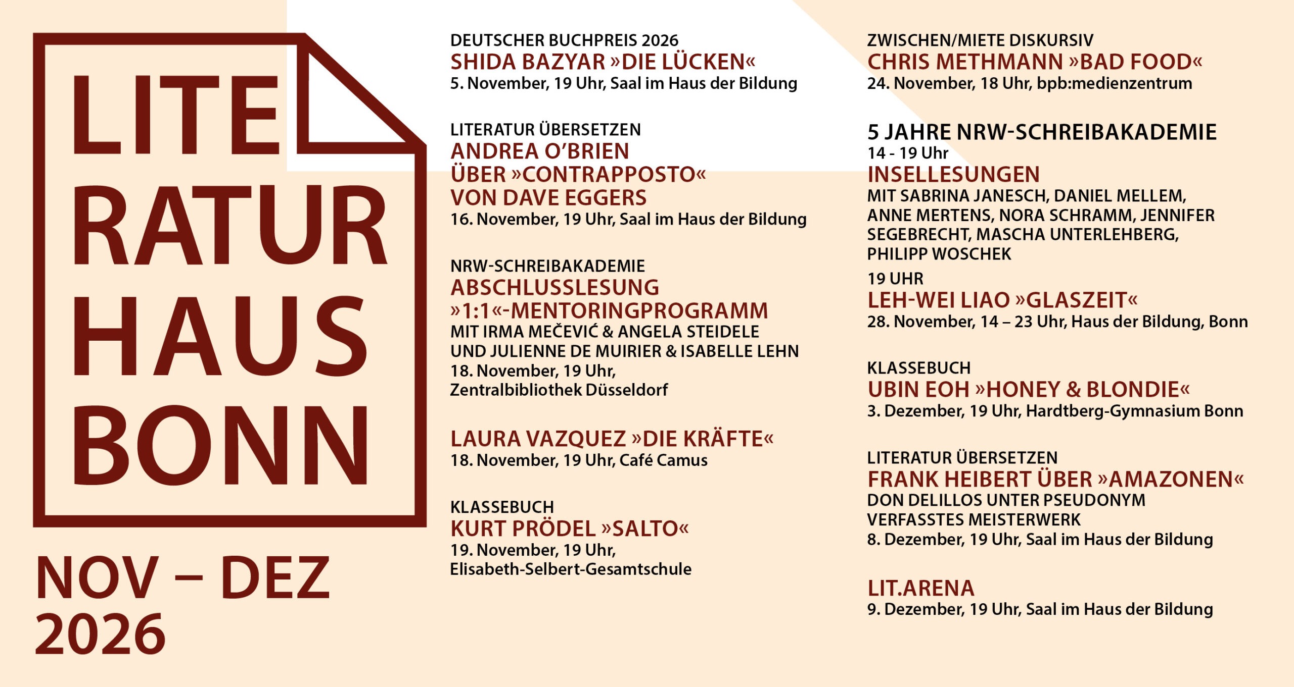 Programm-Postkarte November bis Dezemer 2026 vom Literaturhaus Bonn Vorderseite